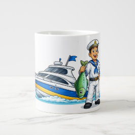 Cartoon Sailor with Yacht and Fish Nautical Art ジャンボコーヒーマグカップ