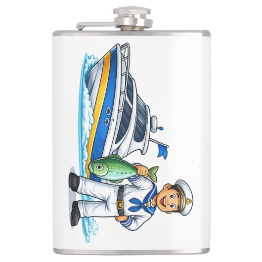 Cartoon Sailor with Yacht and Fish Nautical Art フラスク (正面)
