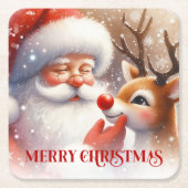 Cartoon Santa and Rudolph Cute Christmas Coasters スクエアペーパーコースター (正面)