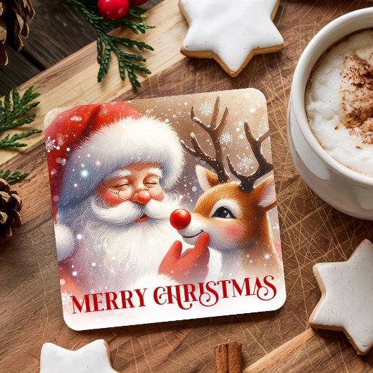 Cartoon Santa and Rudolph Cute Christmas Coasters スクエアペーパーコースター