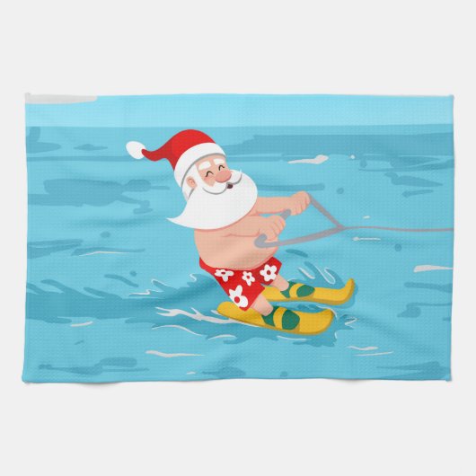 Cartoon Santa Claus water skiing キッチンタオル (横)