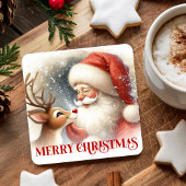 Cartoon Santa Rudolph Cute Christmas Coaster Print スクエアペーパーコースター