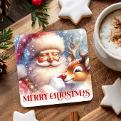 Cartoon Santa Rudolph Cute Christmas Coaster Print スクエアペーパーコースター
