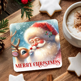 Cartoon Santa Rudolph Cute Christmas Coaster Print スクエアペーパーコースター