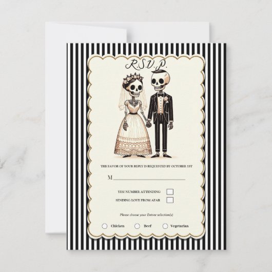 Cartoon Skeleton Bride + Groom Wedding RSVP 招待状 (正面)