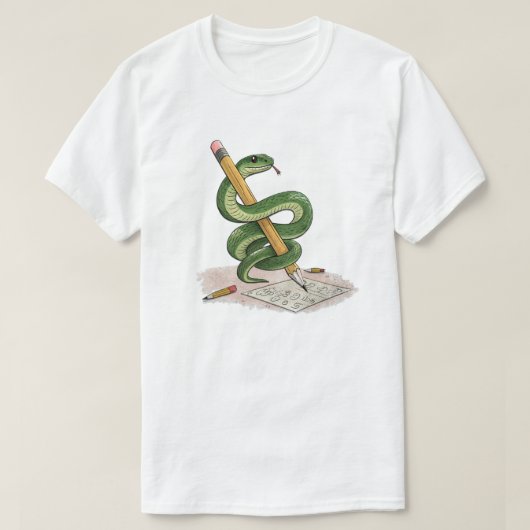 Cartoon Snake Wrapped Around Pencil – Hand-Drawn Tシャツ (デザイン正面)