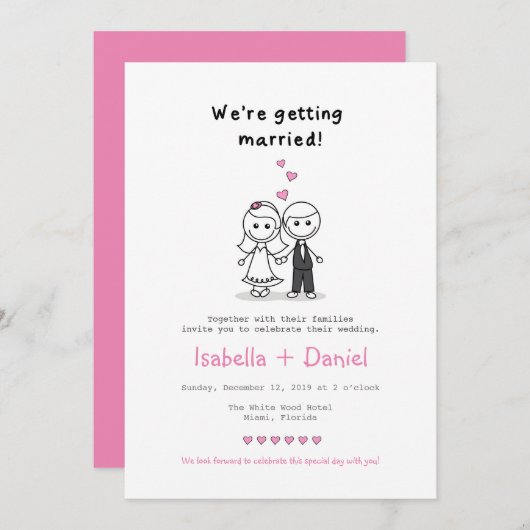 Cartoon Stick Figureカップ結婚ル 招待状 (正面/裏面)