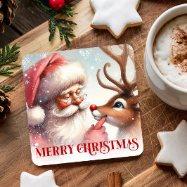 Cartoon Style Cute Santa and Rudolph Paper Coaster スクエアペーパーコースター