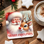 Cartoon Style Cute Santa and Rudolph Paper Coaster スクエアペーパーコースター