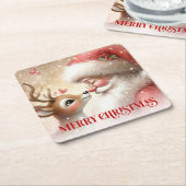 Cartoon Style Santa and Rudolph Holiday Coasters スクエアペーパーコースター (アングル)