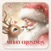 Cartoon Style Santa and Rudolph Holiday Coasters スクエアペーパーコースター (正面)