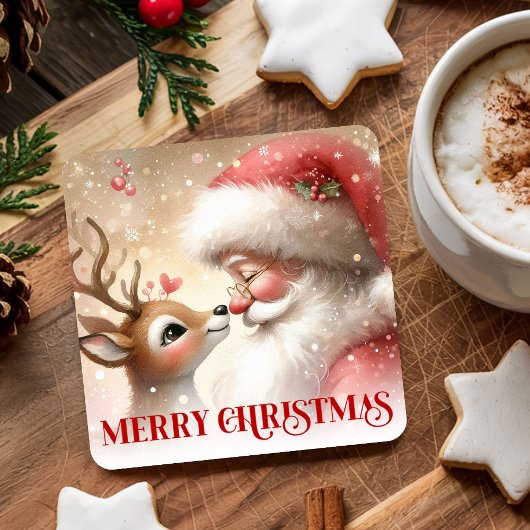 Cartoon Style Santa and Rudolph Holiday Coasters スクエアペーパーコースター