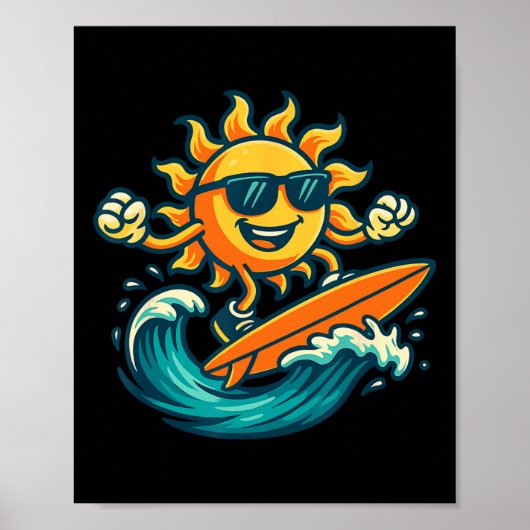 Cartoon Sun Surfing Summer Beach Wave Art  ポスター (正面)