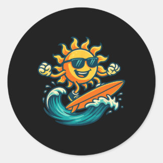 Cartoon Sun Surfing Summer Beach Wave Art  ラウンドシール
