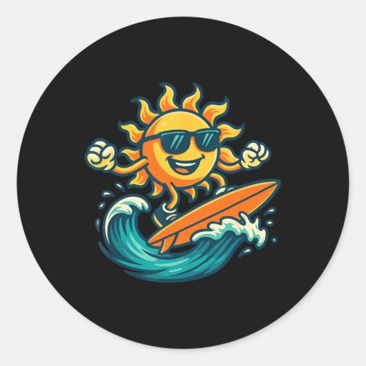 Cartoon Sun Surfing Summer Beach Wave Art  ラウンドシール (正面)