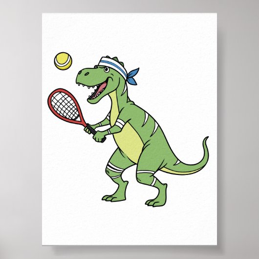  Cartoon T-Rex Playing Tennis Wall Art Decor ポスター (正面)