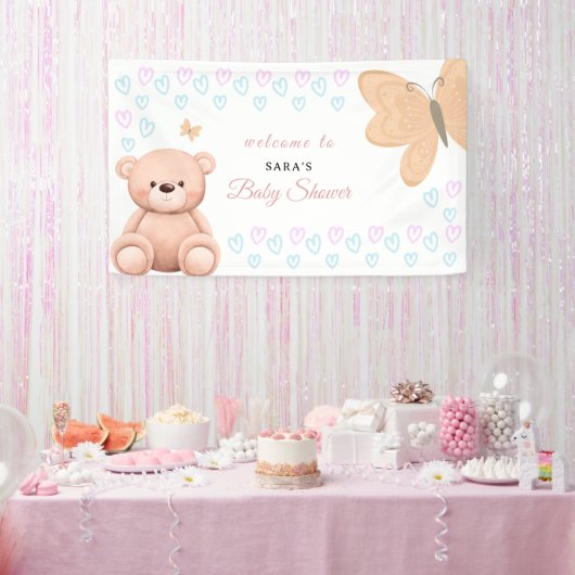 Cartoon Teddy Bear Pastel Girl Baby Shower Welcome 横断幕 (パーティー)