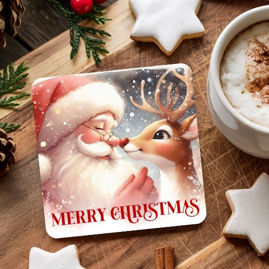 Cartoon Watercolor Santa Rudolph Christmas Coaster スクエアペーパーコースター