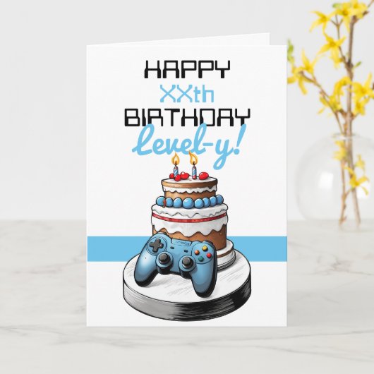 Cartoon White & Blue Gaming Controller誕生日 カード (黄色い花)