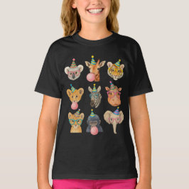 Cartoon Zoo Animals with Party Hats & Bubble Gum Tシャツ