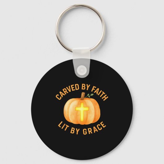 Carved By Faith Lit By Grace Pumpkin Cross Christi キーホルダー (正面)