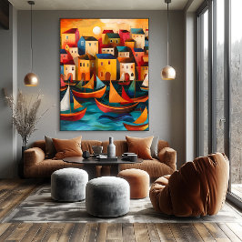 Casas y Barcos: Paisaje Folk y Naive Colorido ポスター