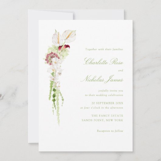 Cascading Floral Bouquet Wedding 招待状 (正面)