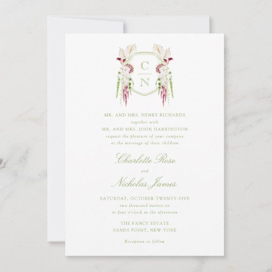 Cascading Floral Monogram Crest Wedding 招待状 (正面)