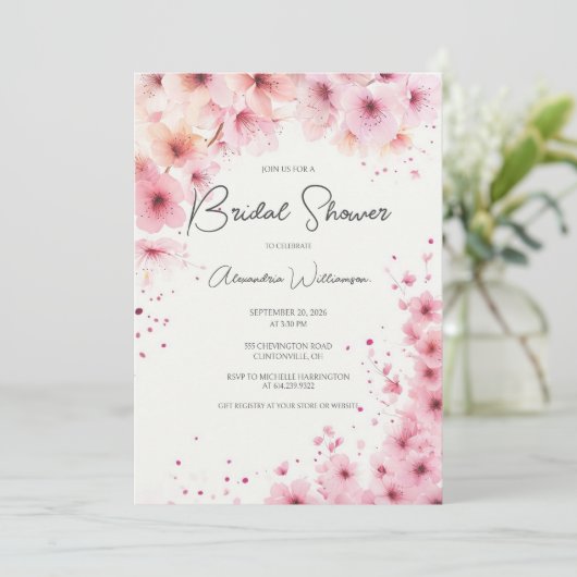Cascading Pink Flowers Bridal Shower 招待状 (スタンド正面)
