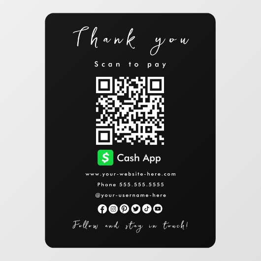 Cash App QR Code Scan to Pay Black ウィンドウサイン (シート)