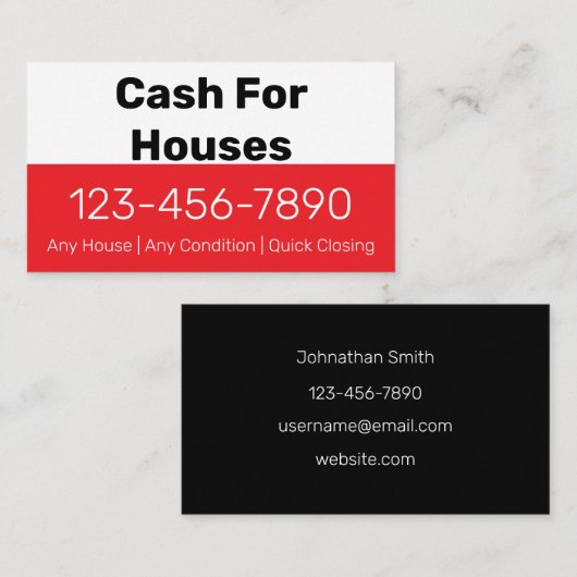 Cash For Houses 赤白電話番号 あなたのテキスト 名刺 (正面/裏面)