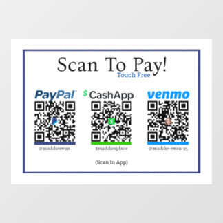 Cashapp Venmo & Paypalモバイル支払用ステッカー ウィンドウサイン