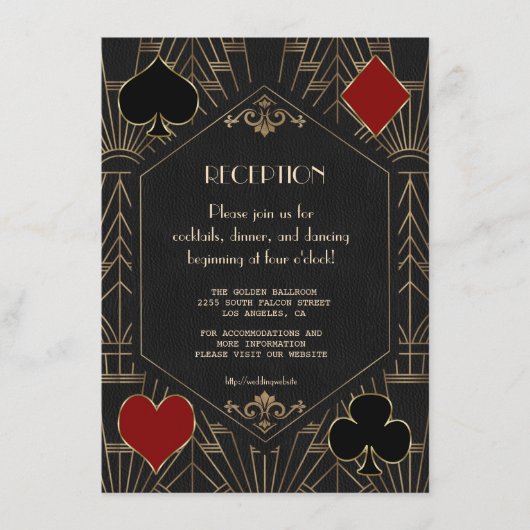 Casino Gold Black 20s Gatsby Wedding Reception エンクロージャーカード (正面)