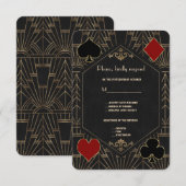 Casino Gold Black Gatsby 1920s Gambling Wedding 出欠カード (正面/裏面)