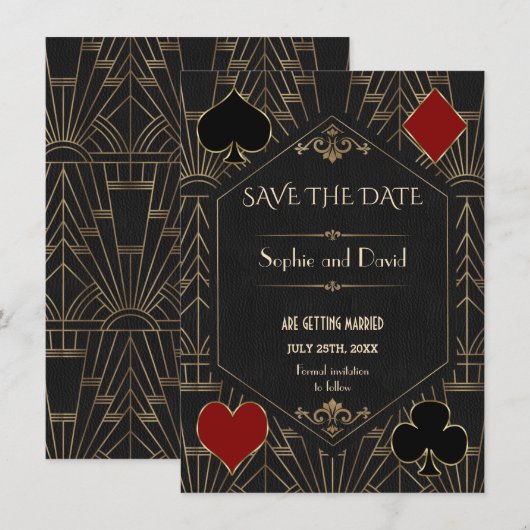 Casino Gold Black Gatsby Wedding Save The Date 招待状 (正面/裏面)