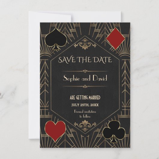 Casino Gold Black Gatsby Wedding Save The Date 招待状 (正面)