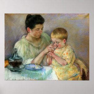 Cassatt – 母食べ物を与えの子 ポスター