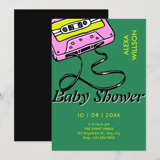 Cassette retro baby shower 招待状 (正面/裏面)