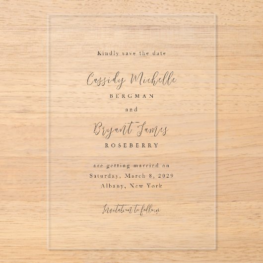 Cassidyエレガ伝統的ントウェディングSave the Date アクリル招待状 (正面)