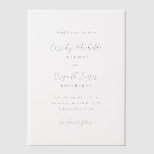 Cassidyエレガ伝統的ントウェディングSave the Date ベラム紙招待状 (正面)