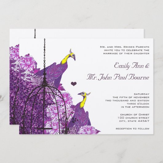 Cassis Purple Neo Lemon Peacock  Peony Birdcage 招待状 (正面/裏面)