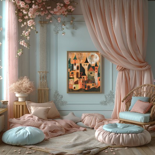 Castillo Encantado: Paisaje Folk y Naive Colorido ポスター