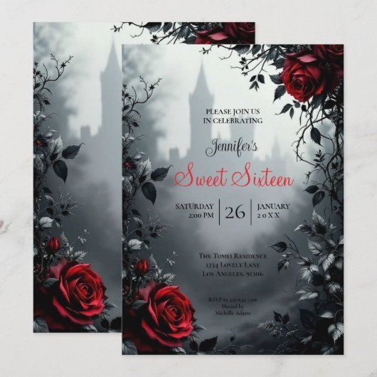 Castle Floral Gothic Sweet 16 招待状 (正面/裏面)