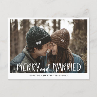 Casual Merry And Married Script Couple Photo シーズンポストカード