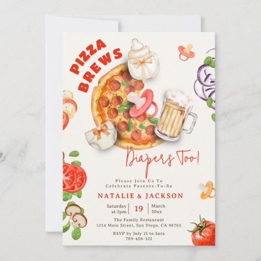 Casual Pizza Brews & Diapers Too Baby Shower 招待状 (正面)