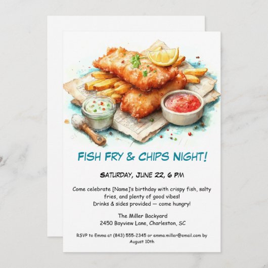 Casual Seafood - Fish Fry & Chips Birthday  招待状 (正面/裏面)