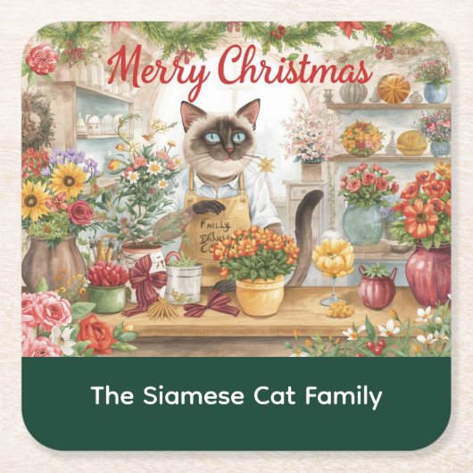 Catクリスマスフラワーアレンジメントバイフローリスト紙 スクエアペーパーコースター (正面)