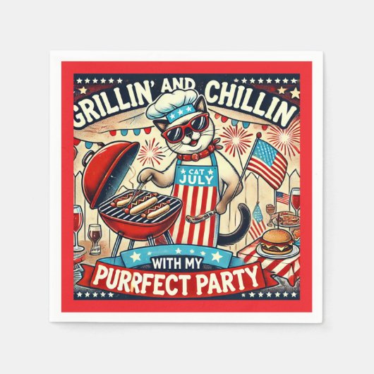 CATバーベキューパーティー7月4日インディペンデンスデー スタンダードカクテルナプキン (正面)