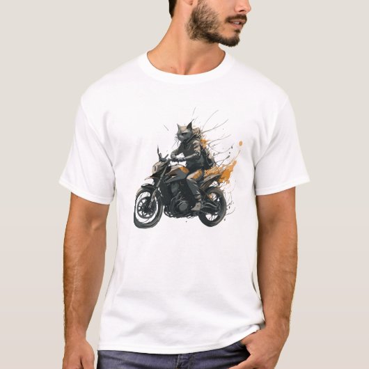 CATモーターサイクルサムライダークファンタジーウォーターカラーアート Tシャツ (正面)