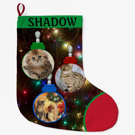 Cat子猫フォトツリーオーナメントの名前の追加 ラージクリスマスストッキング (正面)